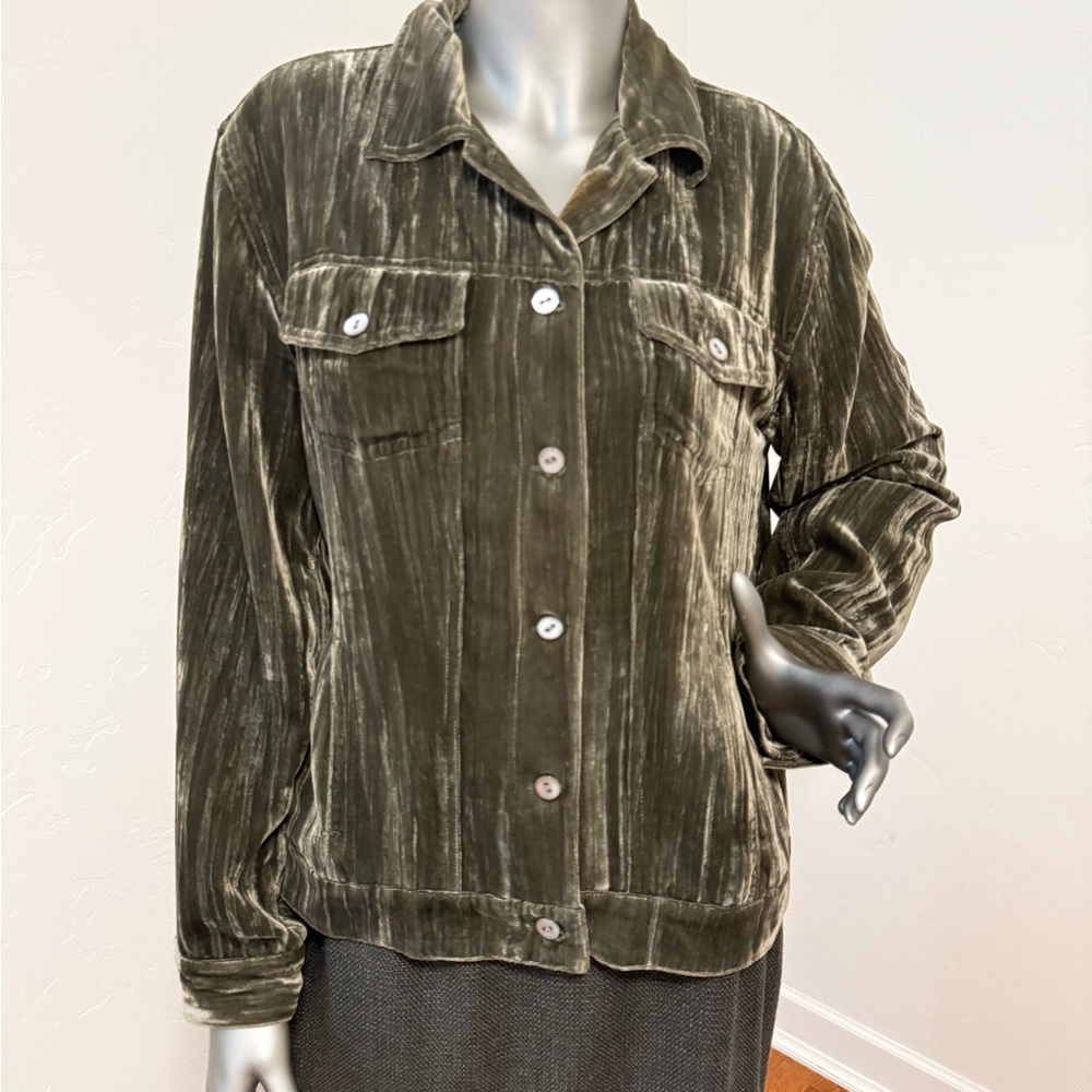 Chico's Olive Crushed Velvet Trucker Jacket‎
